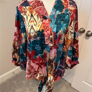 Chico's Vibrant Floral Blouse in Red, Blue, and Cream